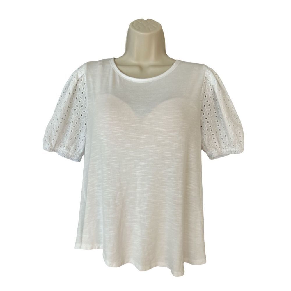 Cupio Eyelet Short Sleeve Blouse Top Round Neck Sz Medium White